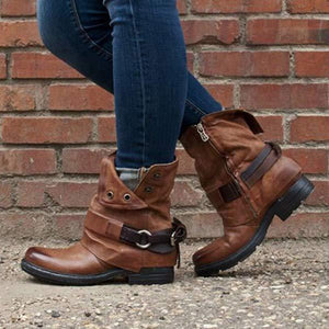 Women's Low Heel Square Heel Metal Accent Side Zipper Ankle Boots 53798741C