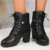 Women's Round-Toe High Heel Lace-Up Chunky Ankle Boots 35079711C