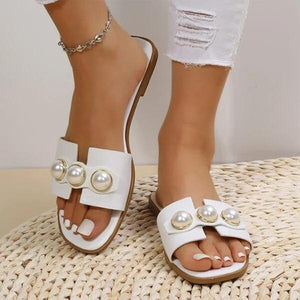 Women's Elegant Pearl Square Toe Flat Casual Sandals 54028801S