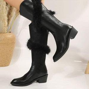 Women's Fashionable Furry Pointed Toe Block Heel Boots 52341841S