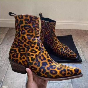 Women's Retro Casual Leopard Print Stitched Block Heel Ankle Boots 09347796S
