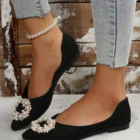 Women's Pointed-Toe Black Flats with Pearl Embellishments 23224809C