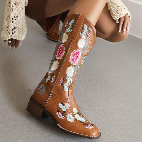 Women's Embroidered Square Heel High-Calf Riding Boots 61436306C