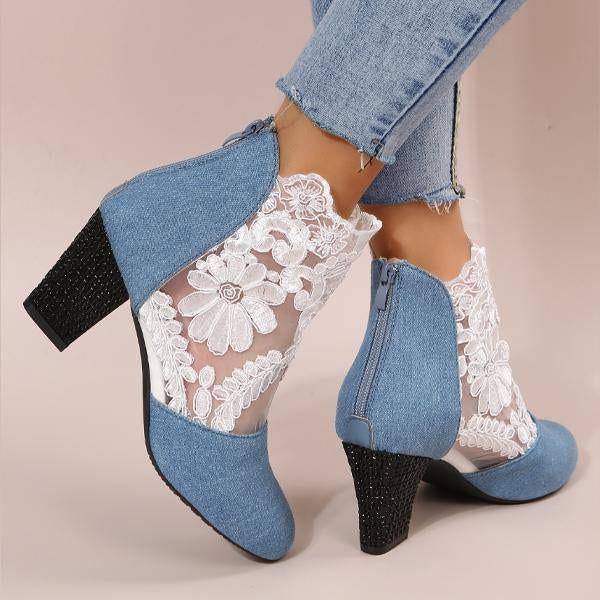 Women's Round Toe Denim Stitching Lace Thick Chunky Heel Sandals 51419673C