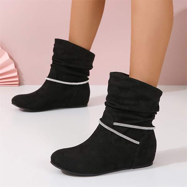 Women's Pleated Bright Diamond Flat Inner Heightened Low-Top Boots 89951839C