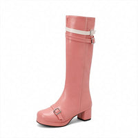 Women's Casual Thick Heel Belt Buckle Side Zip High Boots 30941519S