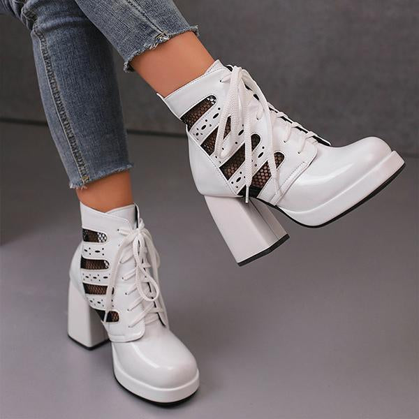 Women's Breathable Mesh Lace-up Chunk Heel Ankle Boots 52292734S