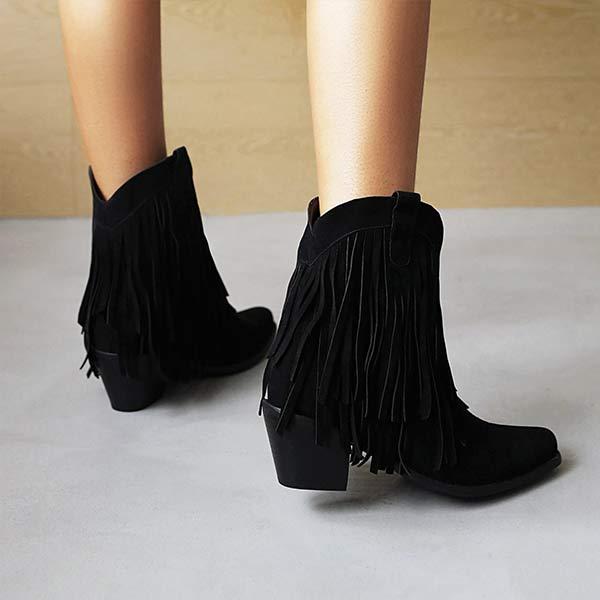 Women's Fashion High Heel Suede Low-Calf Fringe Boots 82434368C