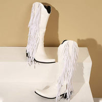 Women's Mid Heel High Boots But Not Knee Chunky Heel Fringed Boots 25406999C