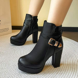 Women's Buckled Belt Side-Zip Chunky Heel Fashion Boots 02694758C
