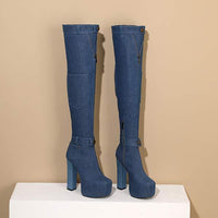 Women's Denim Fabric Side-Zip Waterproof Platform Chunky High Heel Over-the-Knee Boots 48616936C