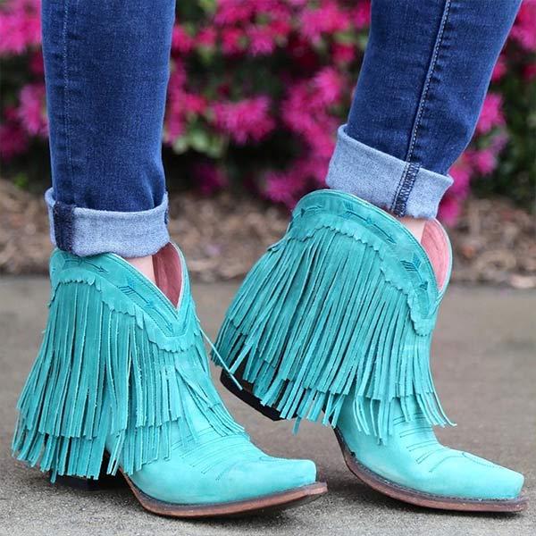 Women's Fashionable Mid-Heel Fringed Pointed Toe Ankle Boots 17609427C