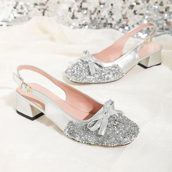 Women's Fashionable Sequined Bow Block Heel Banquet Shoes 78647878S