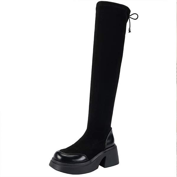Women's Thick Sole Stretch Knee-High Boots with Back Lace-Up Detail 60717301C