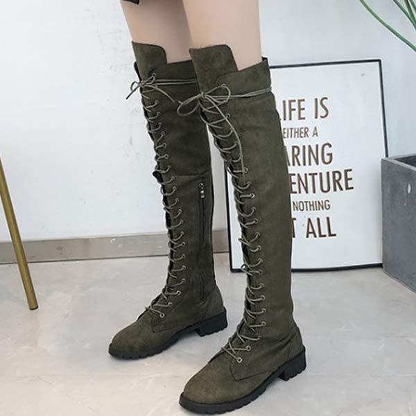 Women's Low-Heel Suede Knee-High Boots with Laces 98654577C