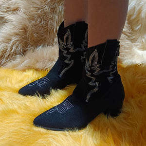 Women's Pointed Toe Chunky Heel Embroidered Vintage Short Boots 53524542C