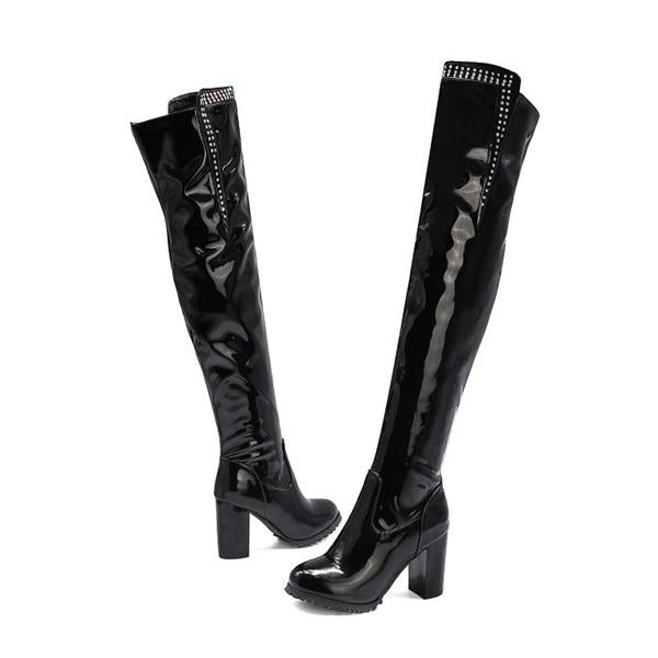 Women's Fashionable Rhinestone Block Heel Over-the-Knee Boots 07474705S