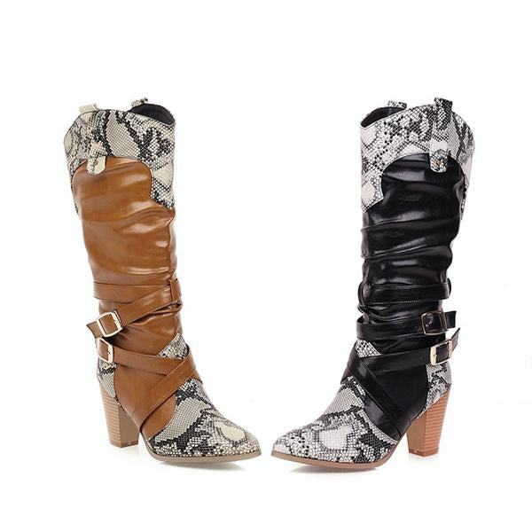 Women's Fashion Snake Pattern Chunky Heel High Boots 81857786S