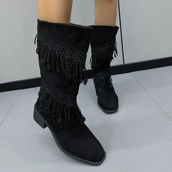Women's Casual Tassel Boots Thick Heel Retro Western Boots 73718857S