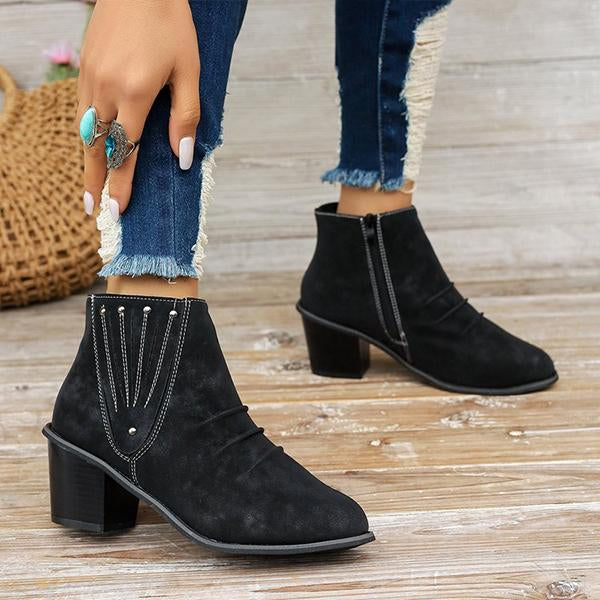 Women's Retro Studded Pleated Block Heel Ankle Boots 71833441S