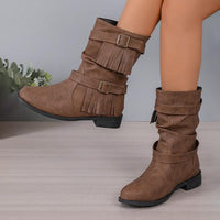 Women's Retro Belt Buckle Tassel Casual Boots Short Boots 68755514S