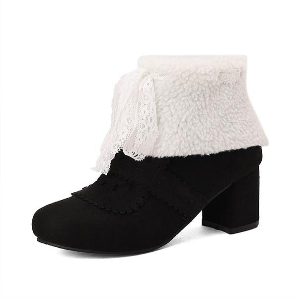 Women's Retro Lace Bow Cotton Lined Block Heel Boots 86052047S