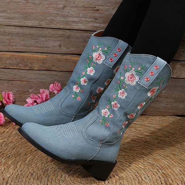 Women's Western Cowboy Boots with Embroidery, Mid-Calf Riding Style 28838119C