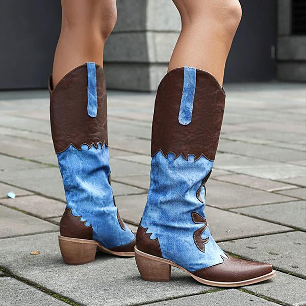 Women's Retro Color Block Knee-High Block Heel Western Boots 89255830S