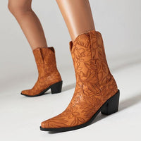 Women's Fashion Embossed Chunky Heel Cowboy Boots Ankle Boots 62876380S