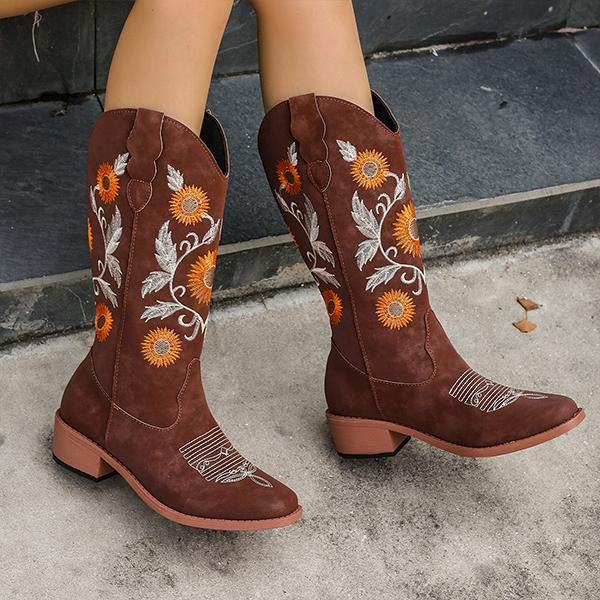 Women's Fashionable Block Heel Embroidered Western Boots 17006062S