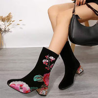 Women's Mid-Calf Vintage Martin Boots with Floral Embroidery and Chunky Heel 01369029C