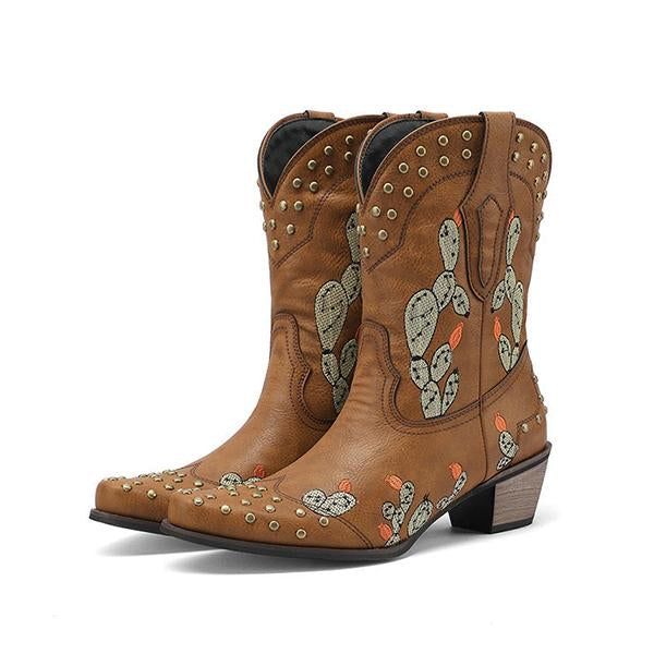 Women's Retro All-Match Cactus Embroidered Mid Boots 61860020S