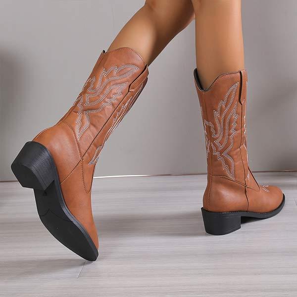 Women's Floral Embroidered Pointed-Toe Chunky Heel Mid-Calf Boots 92739978C