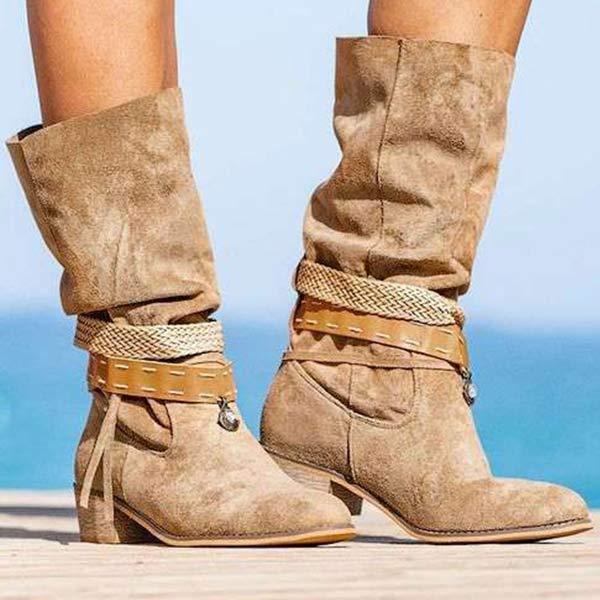 Women's Chunky Heel Round Toe Fringed Knee-High Boots 83774032C