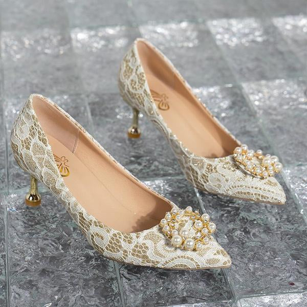 Women's Elegant Pearl Wedding Block Heel Dress Shoes 37762695S