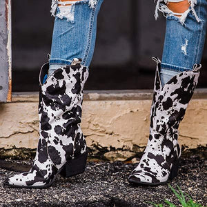 Women's Chunky Heel Pointed Toe Cow Print Cowboy Boots 78851198C