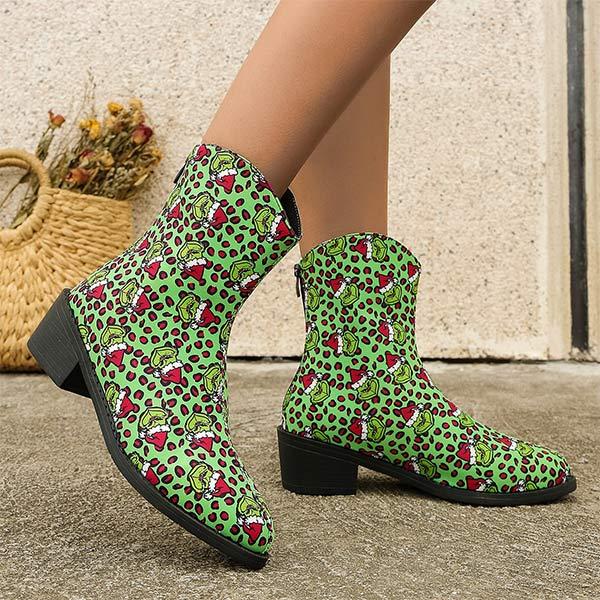Women's Pointed-Toe Square Heel Santa Claus Print Martin Boots 14476431C