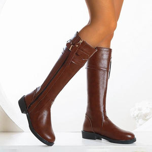 Women's Casual Fashion Belt Buckle Zipper Knee High Boots 97241305S