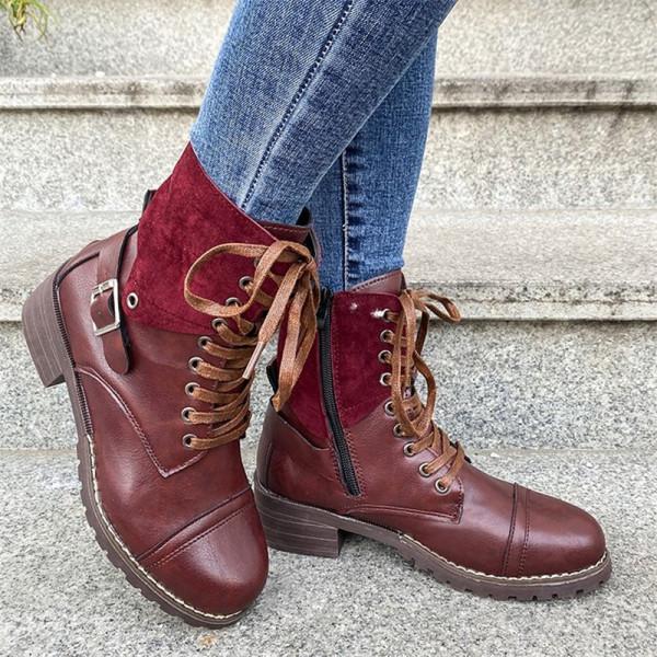 Women'S Vintage Style Square Heel Lace-Up Warm Leather Boots 68393658
