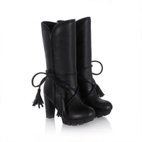 Women's Casual Tasseled Chunk Heel Mid-calf Boots 66931470S