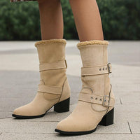 Women's Plush Casual Belt Buckle Block Heel Snow Boots 82561664S
