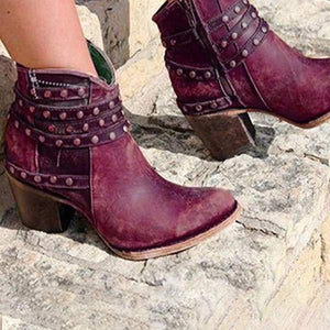 Women's Retro Studded Chunky Heel Ankle Boots 59388899C