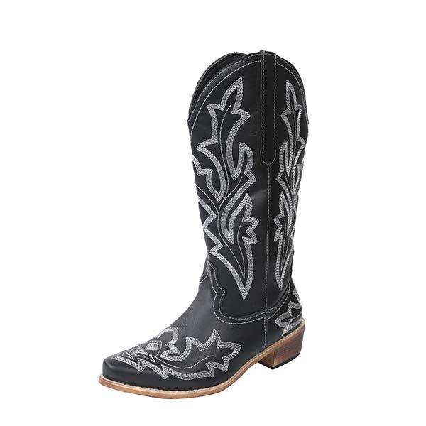 Women's Embroidered Pattern Chunky Heel Knee-High Boots 32045929C