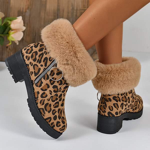 Women's Thick-Soled Fleece-Lined Snow Boots in Leopard Print 03784439C