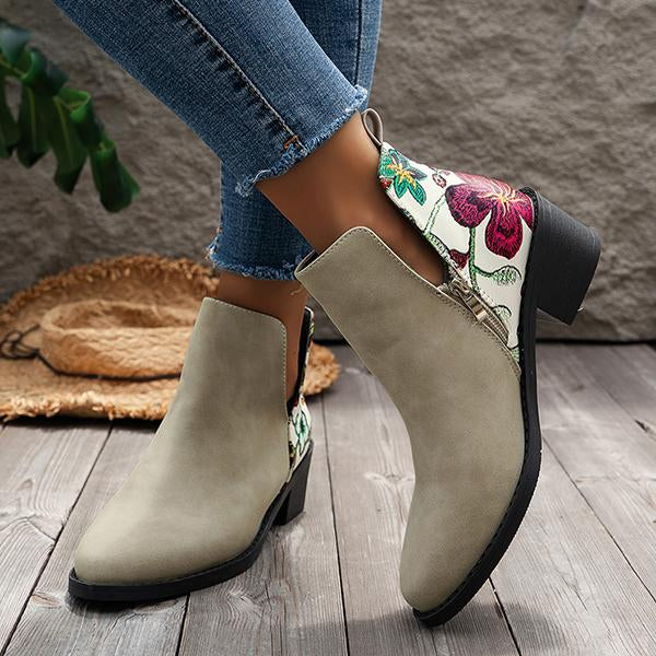Women's Casual Floral Side Zipper Chunk Heel Short Boots 65614045S