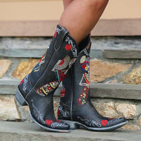 Women's Vintage Embroidered Flower Skull Mid Boots 43904696S