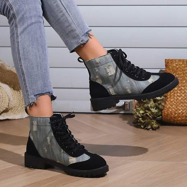 Women's Vintage Denim Chunky Heel Lace-Up Martin Boots 31614031C