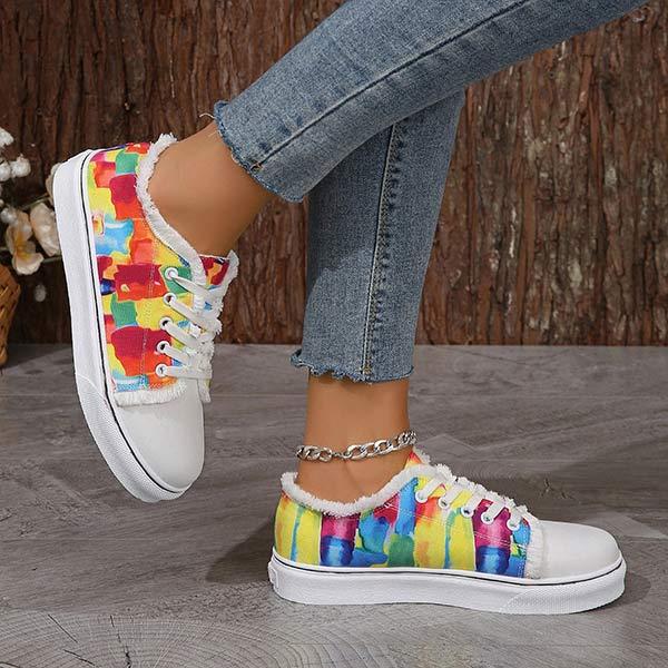 Women's Round Toe Breathable Canvas Shoes Graffiti Sneakers 23014701C