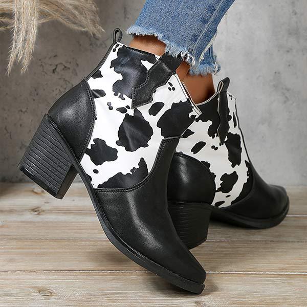Women's Pointed Toe Low-Cut Ankle Boots with Cow Print 35217400C