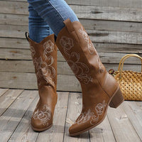 Women's Retro Flower Embroidered Chunky Heel Boots 58584316S